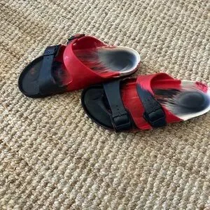 BIRKENSTOCK Sandals Slides Mens Size 11 44 Red Black Paint Brush Pattern BIRKENSTOCK Sandals Slides Mens Size 10 43 280 Red Black  main image 4